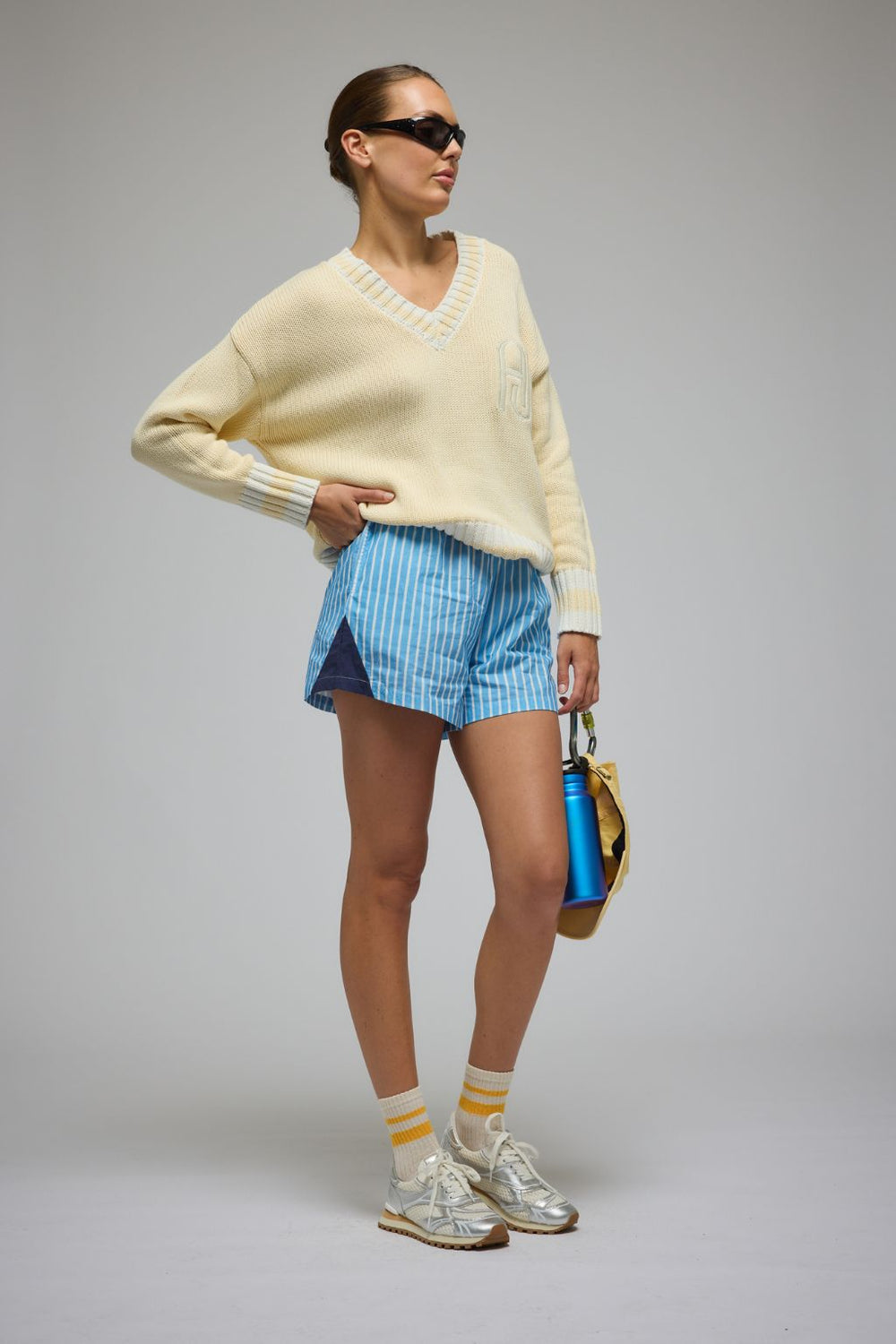 AJ V-Neck Knit Sweater, Lemon Cream