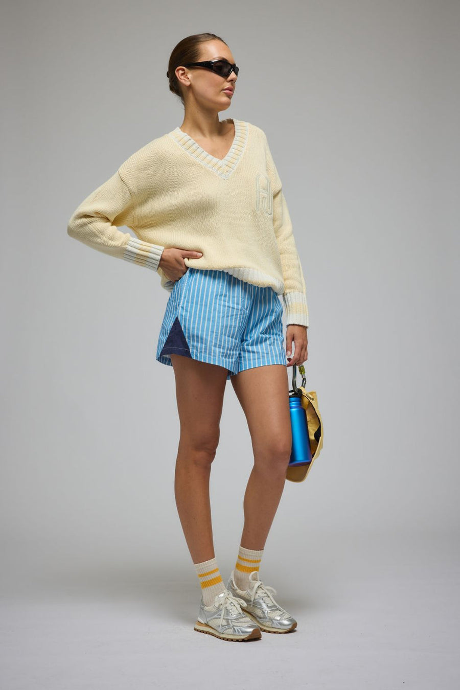 AJ V-Neck Knit Sweater, Lemon Cream