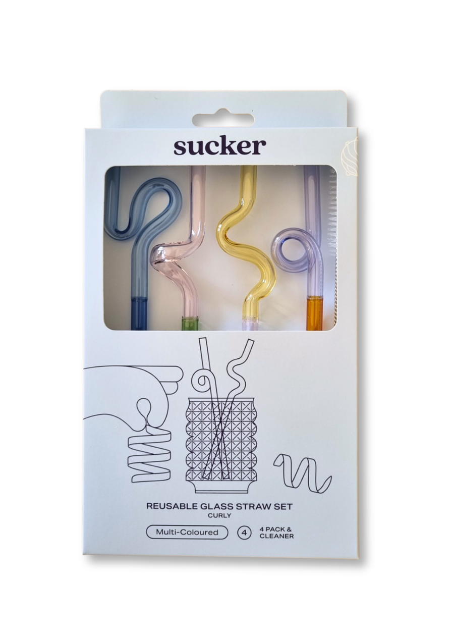 Curly Reusable Glass Drinking Straws Set, Multi-Coloured