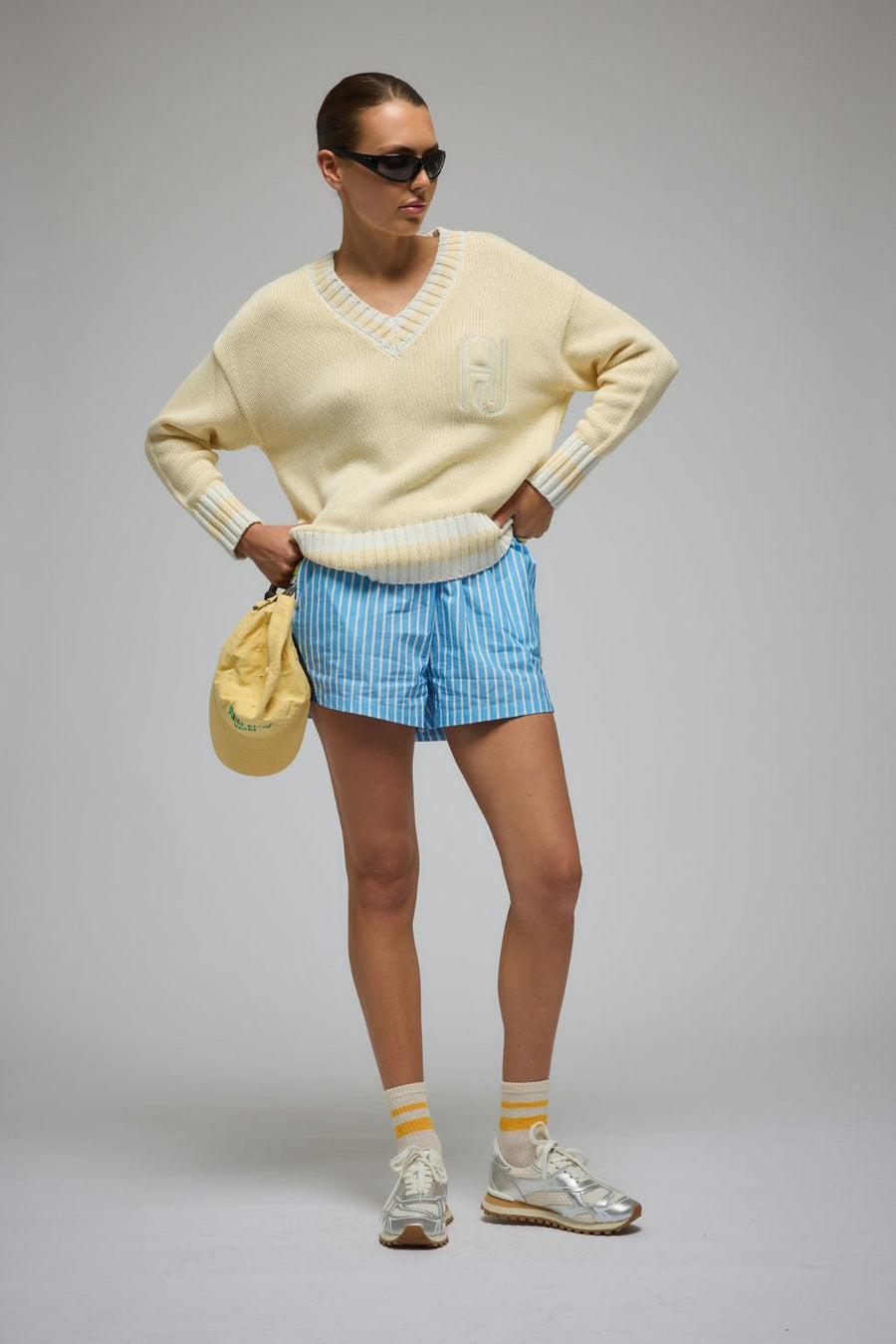 AJ V-Neck Knit Sweater, Lemon Cream
