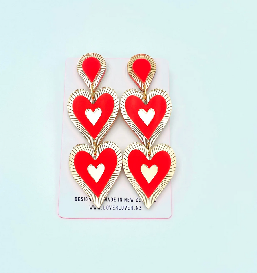 Freina Double Drop Statement Earring - Scarlet Red, Gold