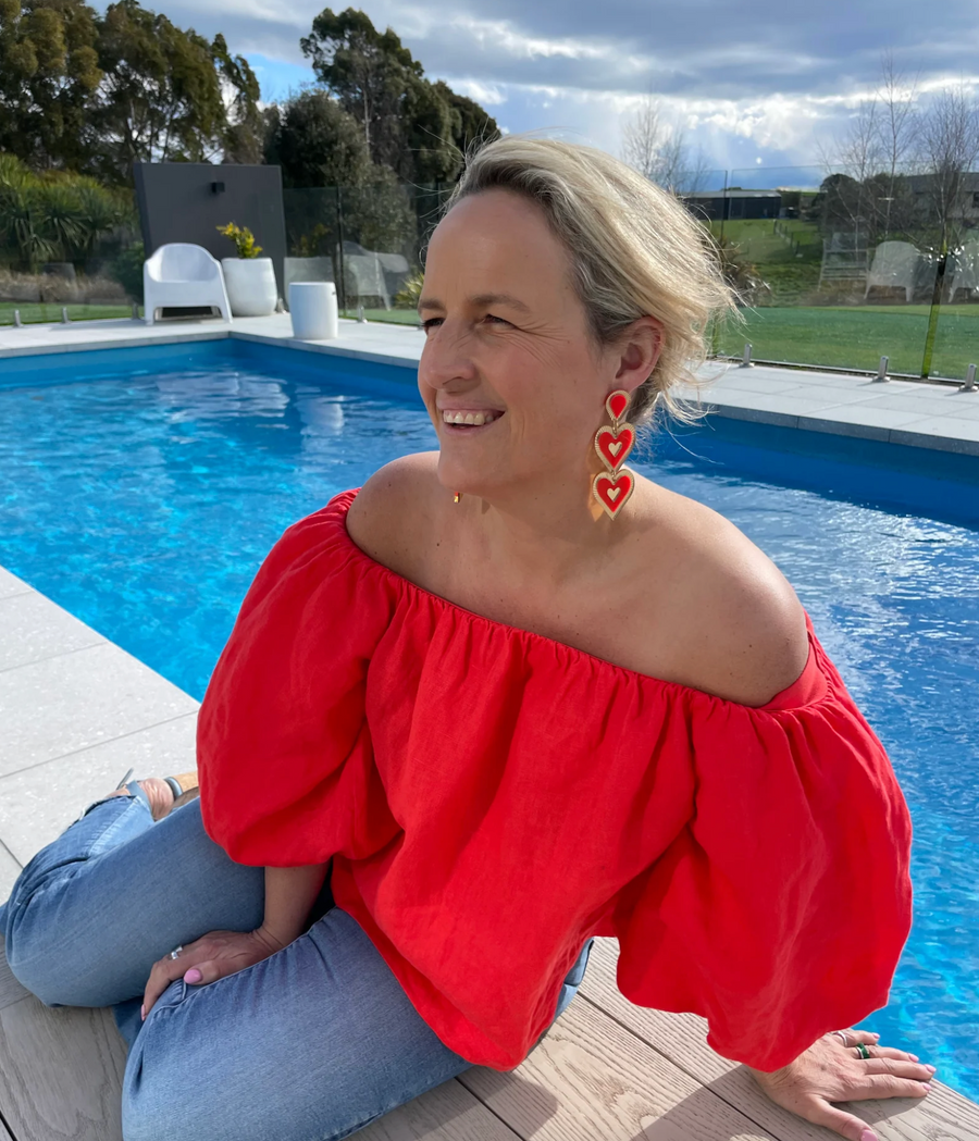 Freina Double Drop Statement Earring - Scarlet Red, Gold